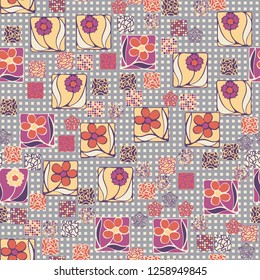 Seamless pattern. Squares containing flowers surrounded by a placer of abstract elements are located against the background of rows of small squares.