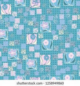 Seamless pattern. Squares containing flowers surrounded by a placer of abstract elements are located against the background of rows of small squares.