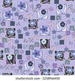 Seamless pattern.
Squares containing flowers are surrounded by a placer of abstract elements and are located on the background of the texture consisting of radial splashes.