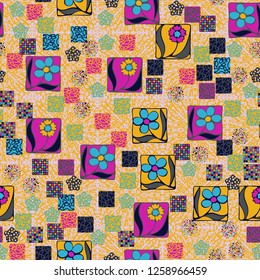 Seamless pattern.
Squares containing flowers are surrounded by a placer of abstract elements and are located on the background of the texture consisting of radial splashes.