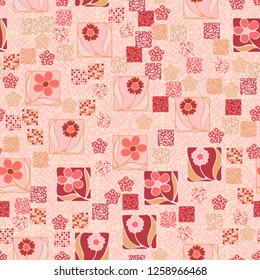 Seamless pattern.
Squares containing flowers are surrounded by a placer of abstract elements and are located on the background of the texture consisting of radial splashes.