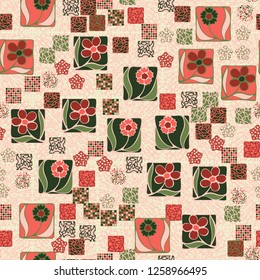 Seamless pattern.
Squares containing flowers are surrounded by a placer of abstract elements and are located on the background of the texture consisting of radial splashes.