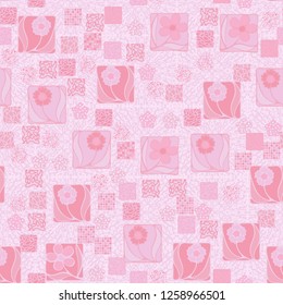 Seamless pattern.
Squares containing flowers are surrounded by a placer of abstract elements and are located on the background of the texture consisting of radial splashes.