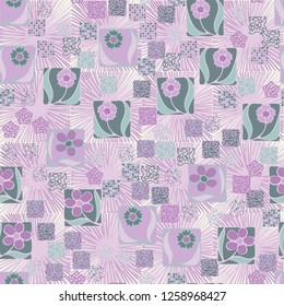 Seamless pattern.
Squares containing flowers are surrounded by a placer of abstract elements and are located on the background of a pseudo-relief consisting of square suns.