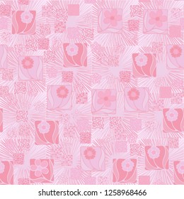 Seamless pattern.
Squares containing flowers are surrounded by a placer of abstract elements and are located on the background of a pseudo-relief consisting of square suns.