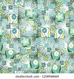 Seamless pattern.
Squares containing flowers are surrounded by a placer of abstract elements and are located on the background of a pseudo-relief consisting of square suns.