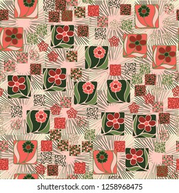 Seamless pattern.
Squares containing flowers are surrounded by a placer of abstract elements and are located on the background of a pseudo-relief consisting of square suns.