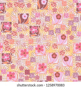 Seamless pattern.
Squares containing flowers are surrounded by a placer of abstract elements and are located on the background of pseudo-relief symbolic plants.