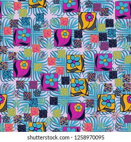 Seamless pattern.
Squares containing flowers are surrounded by a placer of abstract elements and are located on the background of pseudo-relief symbolic plants.