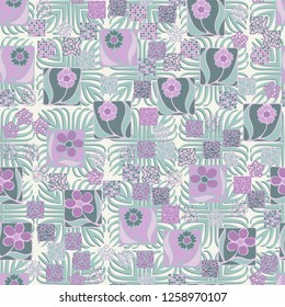 Seamless pattern.
Squares containing flowers are surrounded by a placer of abstract elements and are located on the background of pseudo-relief symbolic plants.