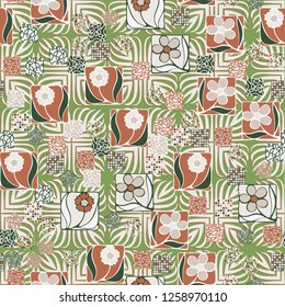 Seamless pattern.
Squares containing flowers are surrounded by a placer of abstract elements and are located on the background of pseudo-relief symbolic plants.