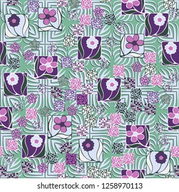 Seamless pattern.
Squares containing flowers are surrounded by a placer of abstract elements and are located on the background of pseudo-relief symbolic plants.