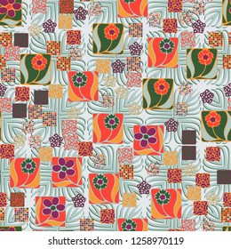 Seamless pattern.
Squares containing flowers are surrounded by a placer of abstract elements and are located on the background of pseudo-relief symbolic plants.