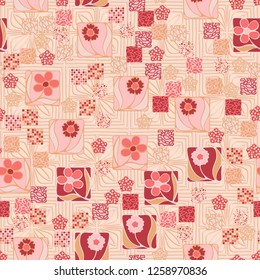 Seamless pattern.
Squares containing flowers are surrounded by a placer of abstract elements and are located against the background of convex stylized ornament.