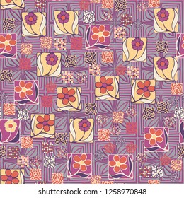 Seamless pattern.
Squares containing flowers are surrounded by a placer of abstract elements and are located against the background of convex stylized ornament.
