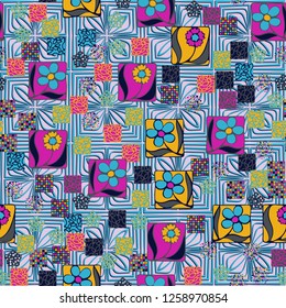 Seamless pattern.
Squares containing flowers are surrounded by a placer of abstract elements and are located against the background of convex stylized ornament.