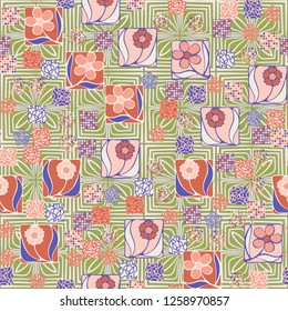 Seamless pattern.
Squares containing flowers are surrounded by a placer of abstract elements and are located against the background of convex stylized ornament.