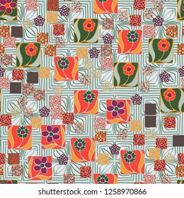 Seamless pattern.
Squares containing flowers are surrounded by a placer of abstract elements and are located against the background of convex stylized ornament.
