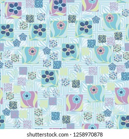Seamless pattern.
Squares containing flowers are surrounded by a placer of abstract elements and are located against the background of convex stylized ornament.
