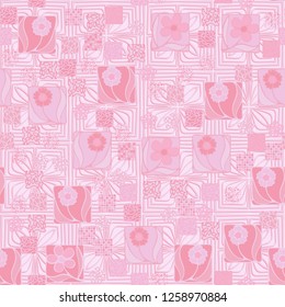 Seamless pattern.
Squares containing flowers are surrounded by a placer of abstract elements and are located against the background of convex stylized ornament.