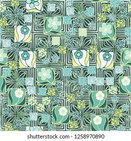 Seamless pattern.
Squares containing flowers are surrounded by a placer of abstract elements and are located against the background of convex stylized ornament.
