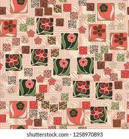 Seamless pattern.
Squares containing flowers are surrounded by a placer of abstract elements and are located against the background of convex stylized ornament.