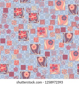 Seamless pattern.
Squares containing flowers are surrounded by a placer of abstract elements and are located against the background of openwork ornament.