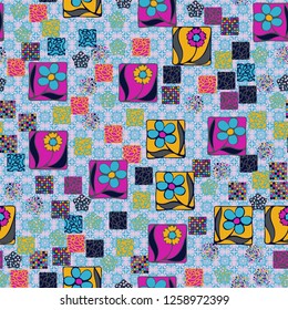 Seamless pattern.
Squares containing flowers are surrounded by a placer of abstract elements and are located against the background of openwork ornament.