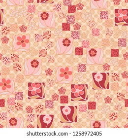 Seamless pattern.
Squares containing flowers are surrounded by a placer of abstract elements and are located against the background of openwork ornament.