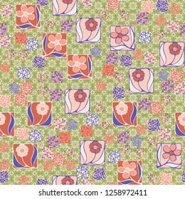 Seamless pattern.
Squares containing flowers are surrounded by a placer of abstract elements and are located against the background of openwork ornament.