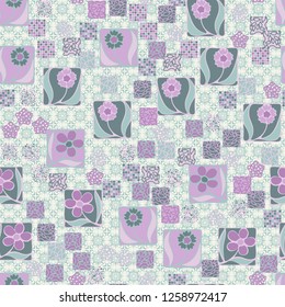 Seamless pattern.
Squares containing flowers are surrounded by a placer of abstract elements and are located against the background of openwork ornament.