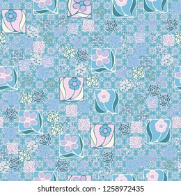 Seamless pattern.
Squares containing flowers are surrounded by a placer of abstract elements and are located against the background of openwork ornament.