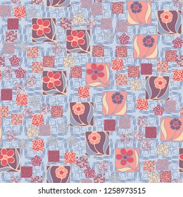 Seamless pattern.
Squares containing flowers are surrounded by a placer of abstract elements and are located against the backdrop of rows of cruciform elements.