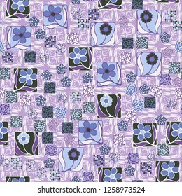 Seamless pattern.
Squares containing flowers are surrounded by a placer of abstract elements and are located against the backdrop of rows of cruciform elements.