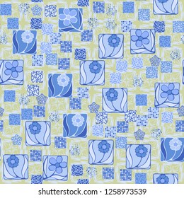 Seamless pattern.
Squares containing flowers are surrounded by a placer of abstract elements and are located against the backdrop of rows of cruciform elements.