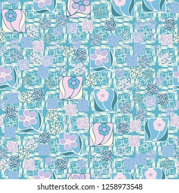 Seamless pattern.
Squares containing flowers are surrounded by a placer of abstract elements and are located against the backdrop of rows of cruciform elements.