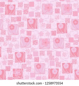 Seamless pattern.
Squares containing flowers are surrounded by a placer of abstract elements and are located against the backdrop of rows of cruciform elements.