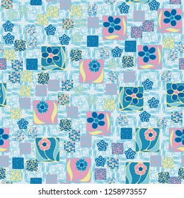 Seamless pattern.
Squares containing flowers are surrounded by a placer of abstract elements and are located against the backdrop of rows of cruciform elements.