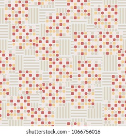 Seamless pattern. Squares containing multicolored elements on a chessboard background. Six-color texture. Abstraction.