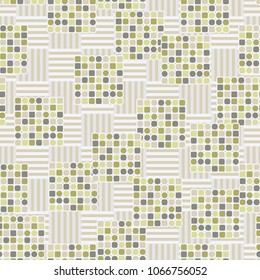 Seamless pattern. Squares containing multicolored elements on a chessboard background. Six-color texture. Abstraction.