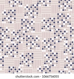 Seamless pattern. Squares containing multicolored elements on a chessboard background. Six-color texture. Abstraction.