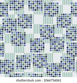 Seamless pattern. Squares containing multicolored elements on a chessboard background. Six-color texture. Abstraction.
