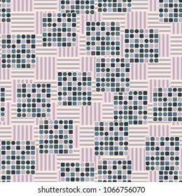 Seamless pattern. Squares containing multicolored elements on a chessboard background. Six-color texture. Abstraction.