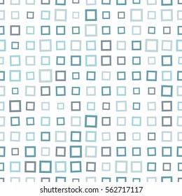 Seamless pattern of squares in cool shades of green. White background.