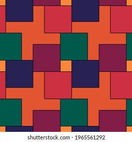 Seamless pattern. Squares, crosses ornament. Repeated color figures background. Checks wallpaper. Mosaic tiles motif. Digital paper, web designing. Square, cross shapes backdrop. Parquet vector.
