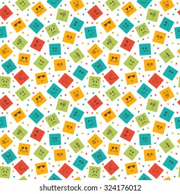 Seamless pattern with squares. Cute cartoon characters. Bright and beautiful background. Vector illustration