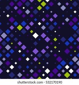 Seamless pattern of squares in different shades of lavender on a dark background. Geometric vector mosaic.