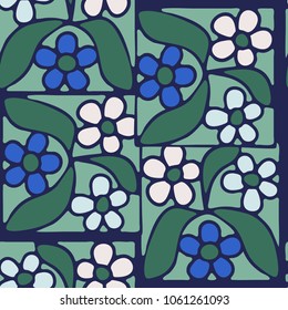 Seamless pattern from squares with flowers. Chaotic texture. Colorful background.