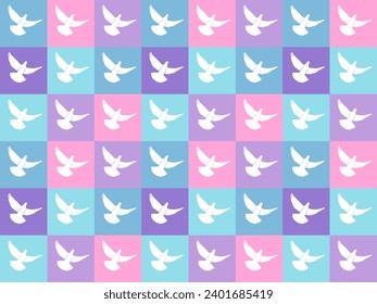 Seamless pattern of squares with flying white pigeons