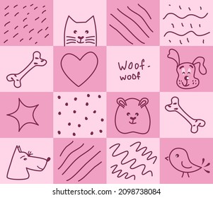 Seamless pattern with squares and funny doodle animals. Vector illustration.